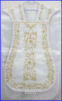 WHITE Roman Chasuble Fiddleback Vestment & 5 piece mass set AGNUS DEI embroidery