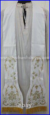 WHITE Roman Chasuble Fiddleback Vestment & 5 piece mass set IHS embroidery, FELT