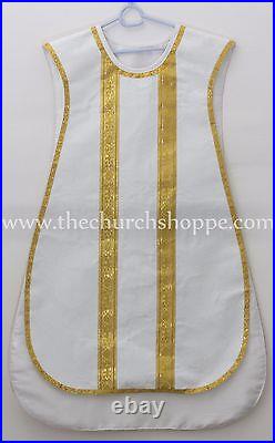 WHITE Spanish Fiddleback Vestment & mass set, chasuble fiddleback