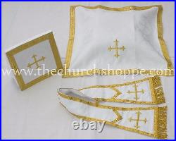 WHITE Spanish Fiddleback Vestment & mass set, chasuble fiddleback