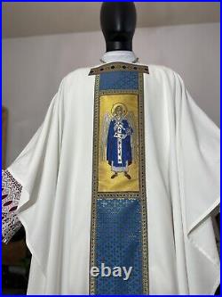 White Blue Marian Chasuble + Stole