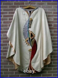 White Catholic liturgical vestment Chasuble with applique fish and bread