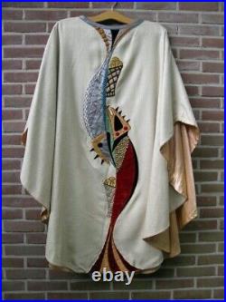 White Catholic liturgical vestment Chasuble with applique fish and bread