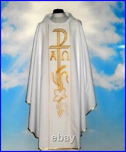 White Chasuble With Stole, THREAD EMBROIDERY FRONT & BACK Chi Rho / Alpha Omega