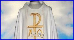 White Chasuble With Stole, THREAD EMBROIDERY FRONT & BACK Chi Rho / Alpha Omega