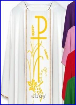 White Chasuble With Stole, THREAD EMBROIDERY FRONT & BACK Chi Rho Design