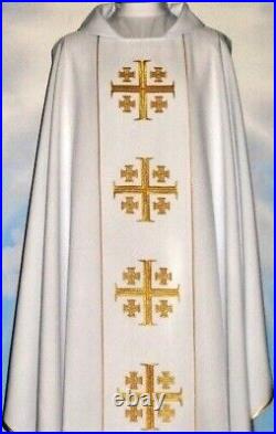 White Chasuble With Stole, THREAD EMBROIDERY FRONT & BACK Jerusalem Cross Design