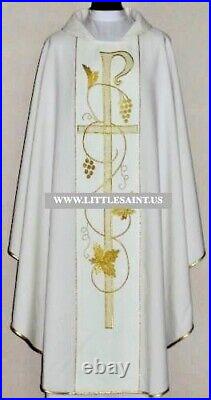 White Chasuble With Stole, THREAD EMBROIDERY FRONT & BACK Meshwork Chi Rho