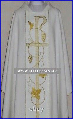 White Chasuble With Stole, THREAD EMBROIDERY FRONT & BACK Meshwork Chi Rho