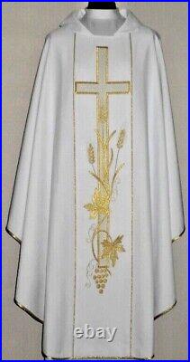 White Chasuble With Stole, THREAD EMBROIDERY FRONT & BACK Meshwork Cross Design