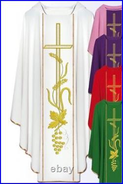 White Chasuble With Stole, THREAD EMBROIDERY FRONT & BACK Meshwork Cross Design