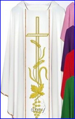 White Chasuble With Stole, THREAD EMBROIDERY FRONT & BACK Meshwork Cross Design