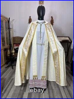 White Cope + Stole + Humeral Veil Set- Church Vestment Chasuble- (CW0005)
