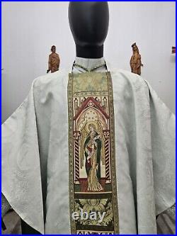White Ivory Chasuble With Green Banding + Stole (wgr0030)
