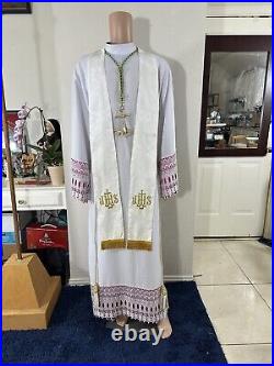 White Ivory Gold Chasuble With Red Orphrey + Stole (wr0087)