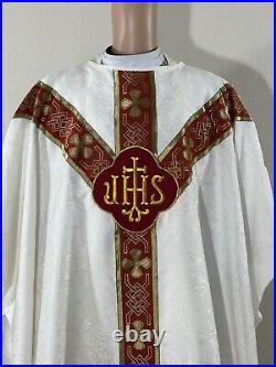 White Ivory Gold Chasuble With Red Orphrey + Stole (wr0087)