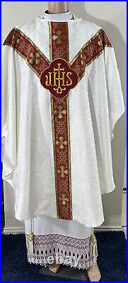 White Ivory Gold Chasuble With Red Orphrey + Stole (wr0087)