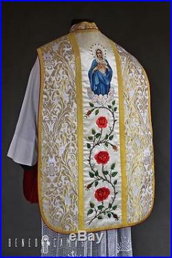 White Marian Vestment Chasuble Kasel Messgewand Stole Stola Maniple Manipel