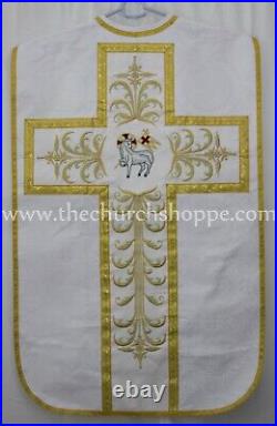 White Roman Chasuble Fiddleback Vestment 5pc set, AGNUS DEI embroidery