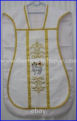 White Roman Chasuble Fiddleback Vestment 5pc set, AGNUS DEI embroidery
