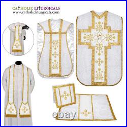 White Roman Chasuble Fiddleback Vestment and Mass set, Agnus Dei embroidery