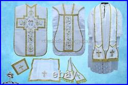 White Roman Chasuble Fiddleback Vestment and Mass set, Agnus Dei embroidery