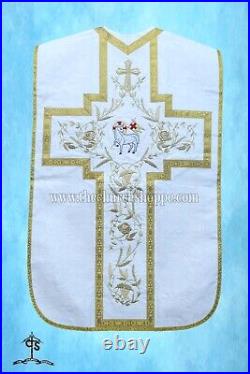 White Roman Chasuble Fiddleback Vestment and Mass set, Agnus Dei embroidery