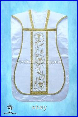 White Roman Chasuble Fiddleback Vestment and Mass set, Agnus Dei embroidery