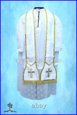 White Roman Chasuble Fiddleback Vestment and Mass set, Agnus Dei embroidery