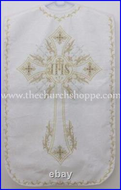 White Roman Chasuble Fiddleback Vestment and mass set IHS embroidery NEW