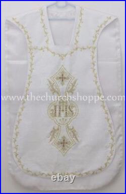 White Roman Chasuble Fiddleback Vestment and mass set IHS embroidery NEW