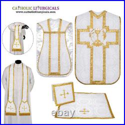 White Roman Eucharist Chasuble Fiddleback Vestment 5pcs mass set, Casulla