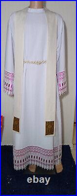 White Vestment Chasuble & Stole Custom Made White Ancient Banding Style