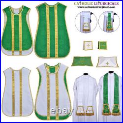 White and Green REVERSIBLE Travel Spanish Fiddleback Vestment with 5pc mass set