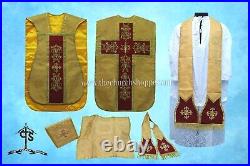 Yellow Roman Chasuble Fiddleback Vestment and Mass set, IHS embroidery