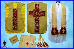 Yellow Roman Chasuble Fiddleback Vestment and Mass set, IHS embroidery