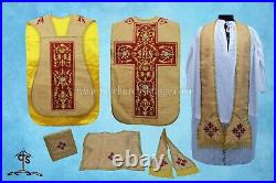 Yellow Roman Chasuble Fiddleback Vestment and Mass set, IHS embroidery