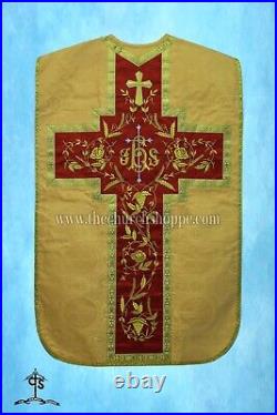 Yellow Roman Chasuble Fiddleback Vestment and Mass set, IHS embroidery