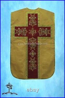 Yellow Roman Chasuble Fiddleback Vestment and Mass set, IHS embroidery