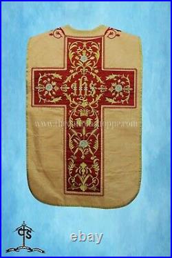 Yellow Roman Chasuble Fiddleback Vestment and Mass set, IHS embroidery