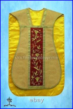 Yellow Roman Chasuble Fiddleback Vestment and Mass set, IHS embroidery