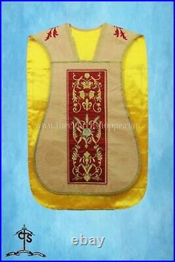 Yellow Roman Chasuble Fiddleback Vestment and Mass set, IHS embroidery