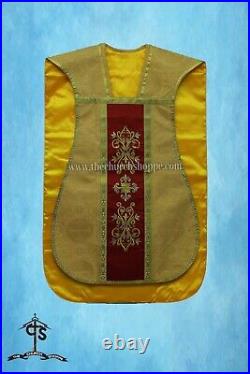 Yellow Roman Chasuble Fiddleback Vestment and Mass set, IHS embroidery