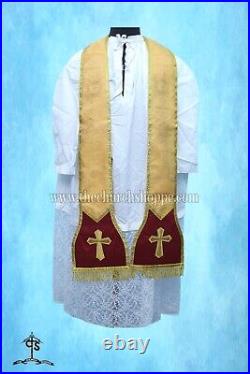 Yellow Roman Chasuble Fiddleback Vestment and Mass set, IHS embroidery