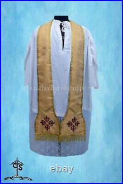 Yellow Roman Chasuble Fiddleback Vestment and Mass set, IHS embroidery