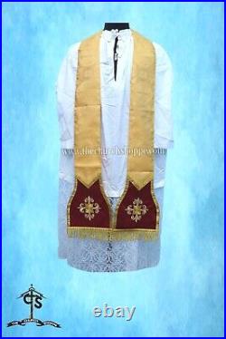 Yellow Roman Chasuble Fiddleback Vestment and Mass set, IHS embroidery