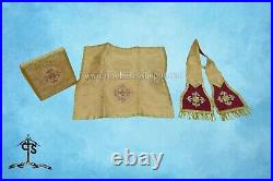 Yellow Roman Chasuble Fiddleback Vestment and Mass set, IHS embroidery